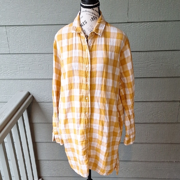 PACT Mustard Yellow Gingham Coastal Double Gauze Oversized Button Up Tunic ML - Picture 4 of 13